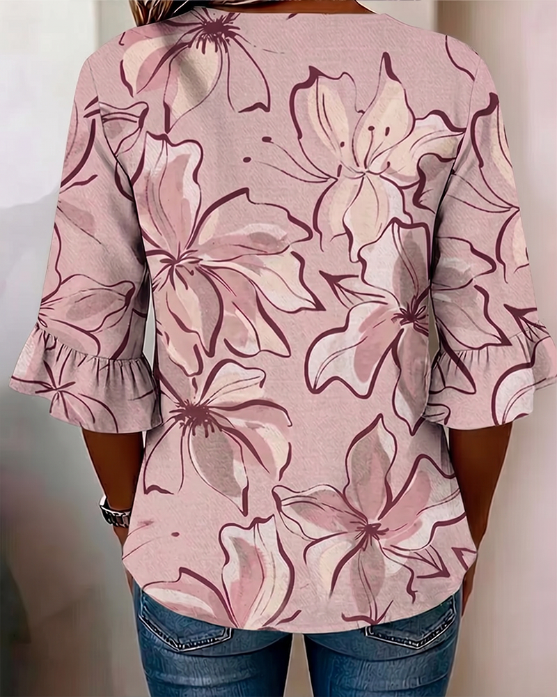 V-Neck Floral Ruffle Three-Quarter Sleeve Blouse