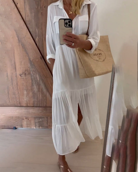 Lapel solid color patchwork casual dress