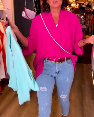 Casual solid color V-neck three-quarter sleeve blouse