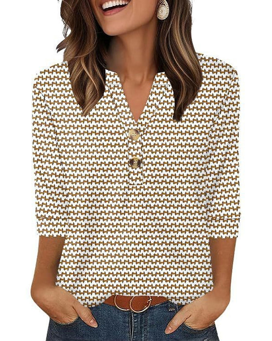 V-Neck Buttoned Three-Quarter Sleeve Blouse