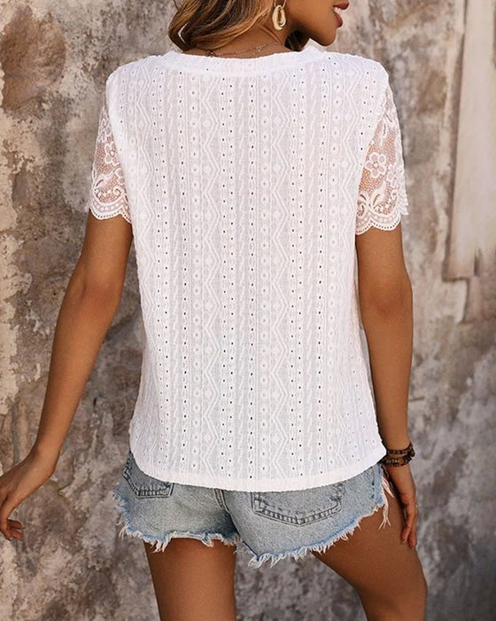 Lace paneled short-sleeve solid color top