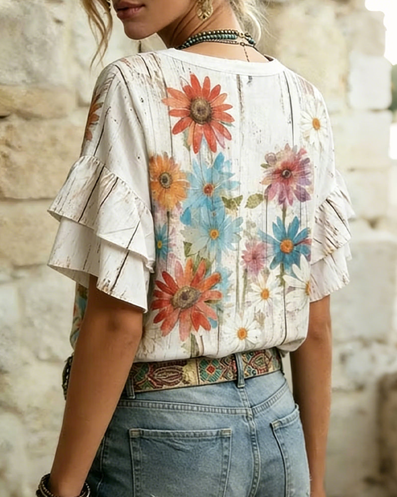 Daisy Print Short-Sleeve Blouse