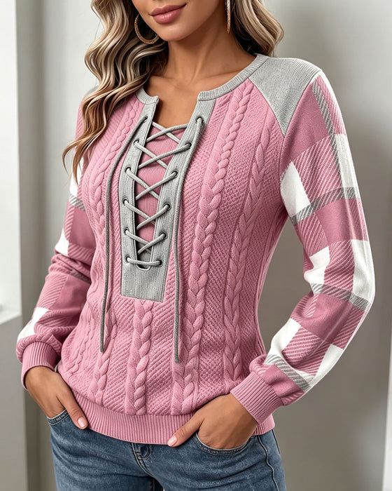 Round Neck Strappy Plaid Print Sweatshirt