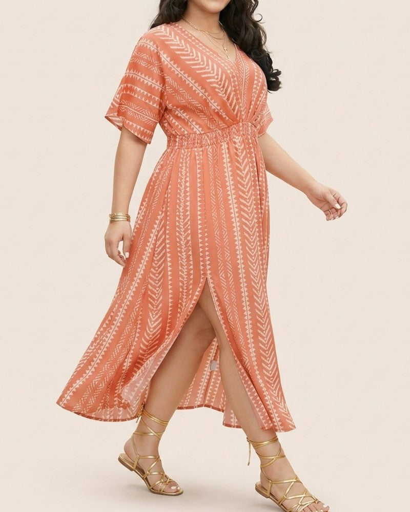 Deep V Blue White Geometric Stripe Waist Dress