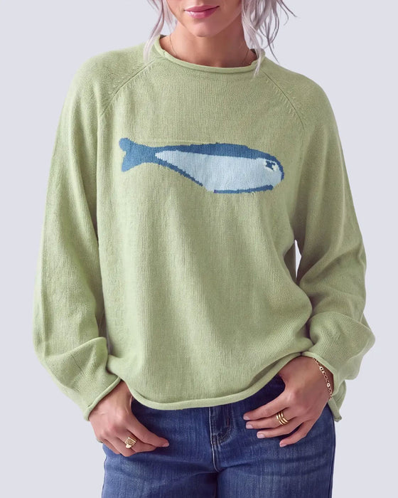 Crew Neck Fish Print Drop Shoulder Pullover