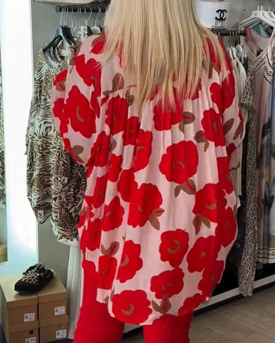 Big Floral Tie V-Neck Blouse