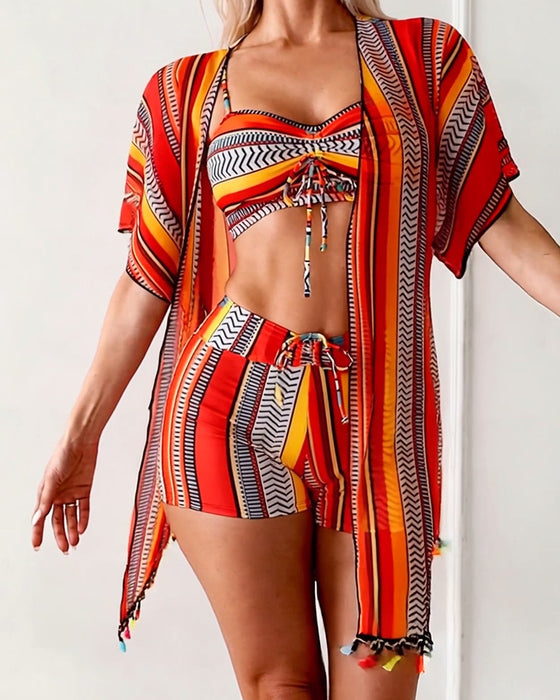 Resort Print Bikini Three-Piece Swimsuit