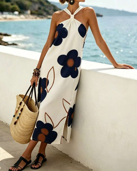 Cross Halter Floral Slit Maxi Dress