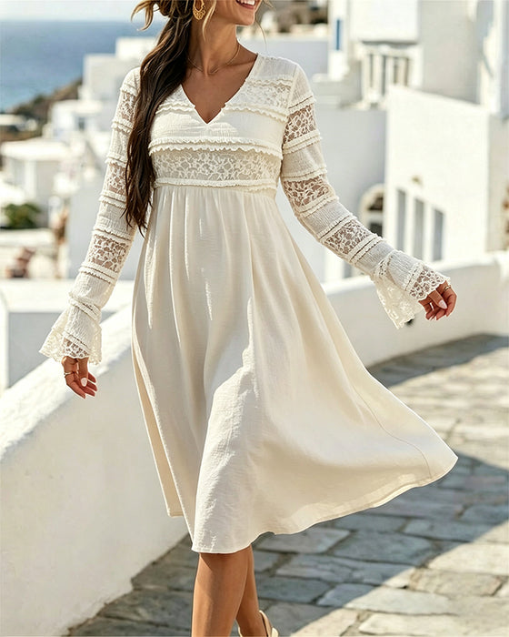 Solid Color V-Neck Lace Patchwork Dress
