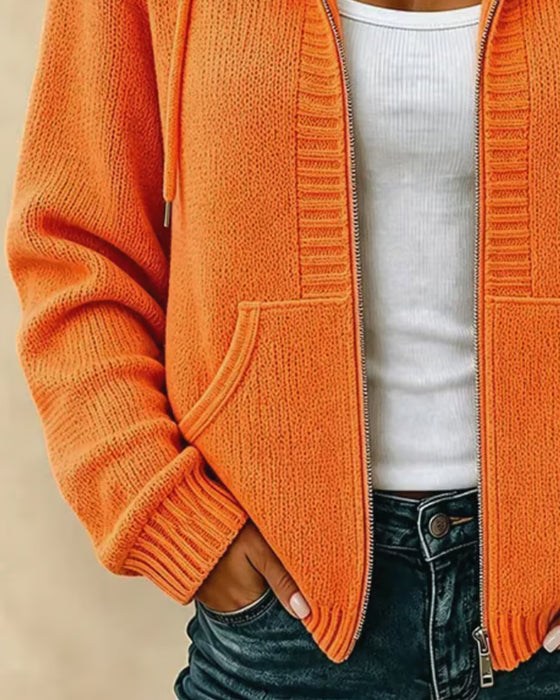 Hooded Zip Pocket Drawstring Sweater Coat