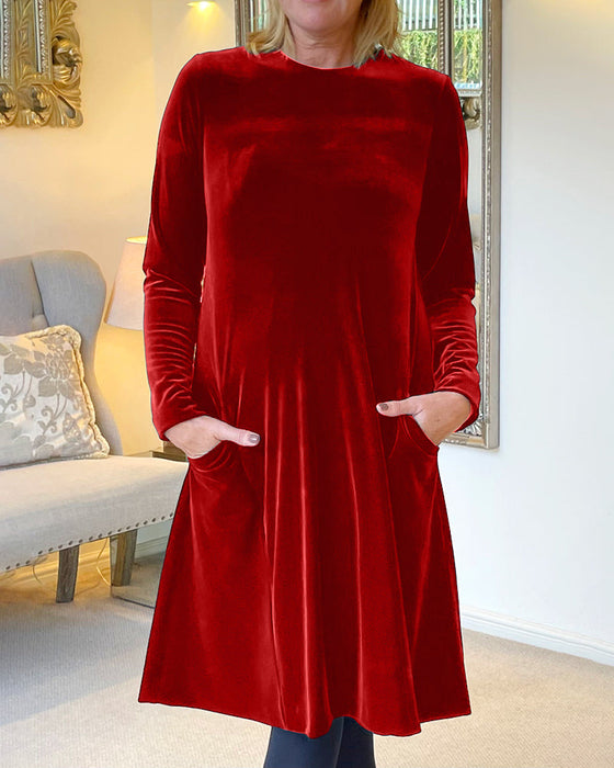Pocket Velvet Dress with Round Neck