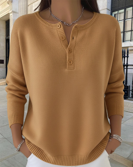 Long-Sleeved Button-Down Solid Color Sweater