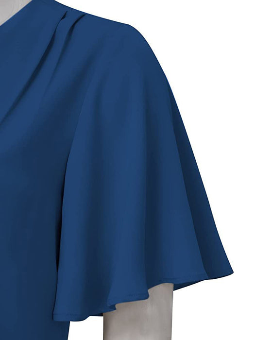 V-neck solid color pleated short-sleeved shirt