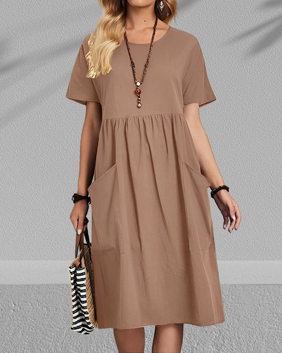 Round neck pleated short sleeve dress