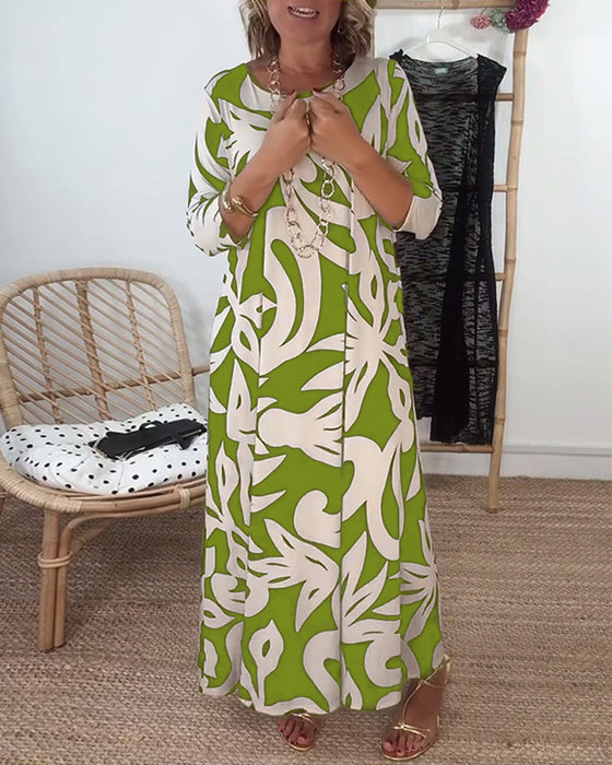 Round Neck Long Sleeve Printed Dress