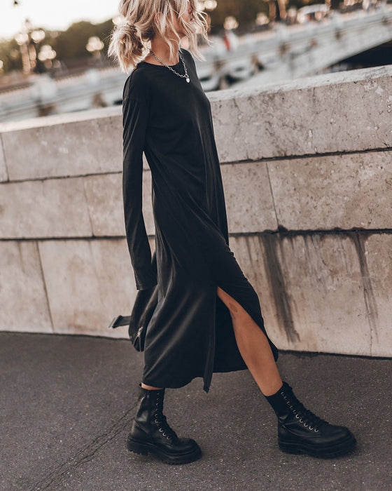 Long Dress with Round Neck and Slit