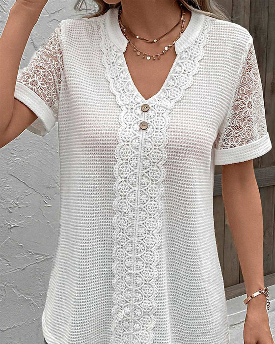 Solid color v-neck lace T-shirt