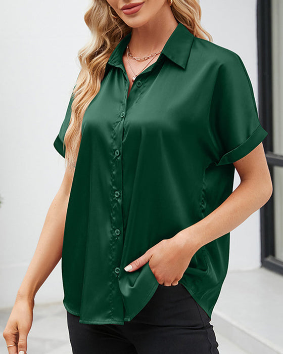 Short Sleeve Button Satin Blouse