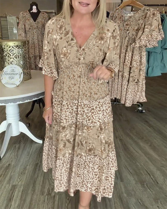 V-Neck Lotus Sleeve Floral Dress