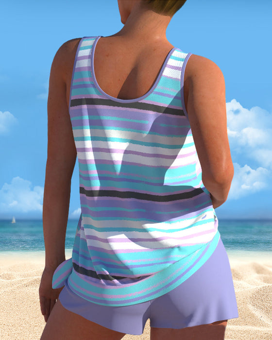 U Neck Stripe Print Tankinis