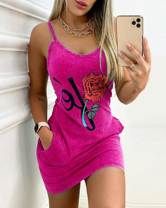 Rose print slim slip dress