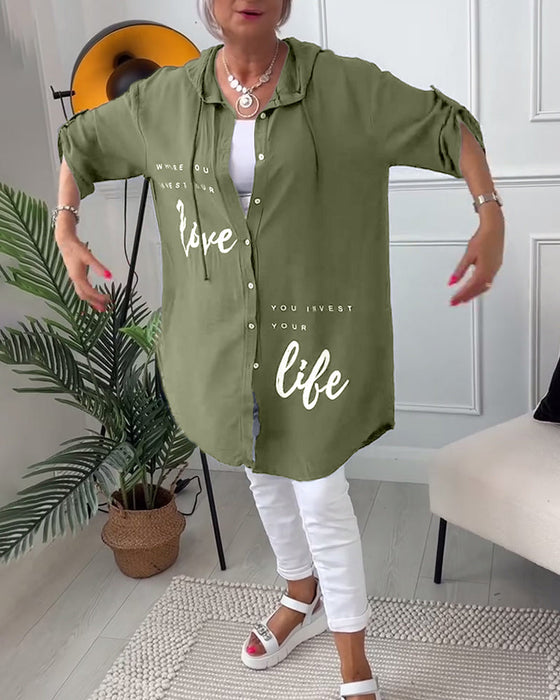 Hooded button-down coat with printed letters
