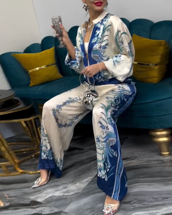 Temperament Stand Collar Zipper Wide Leg Suit