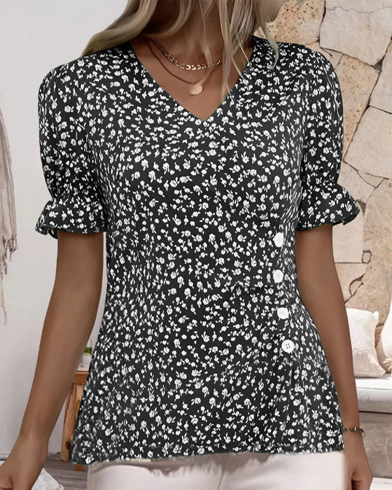 V-neck floral short-sleeved blouse