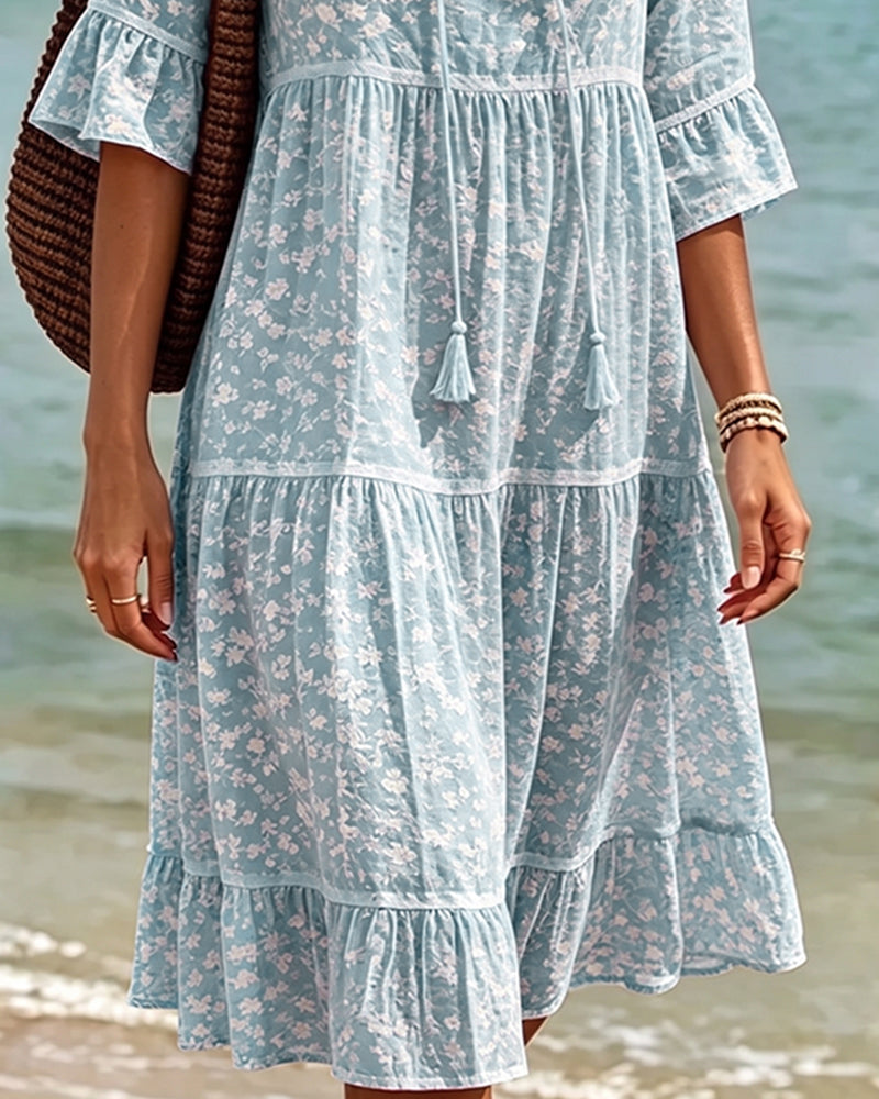Tie V-Neck Ruffle Floral A-Line Dress