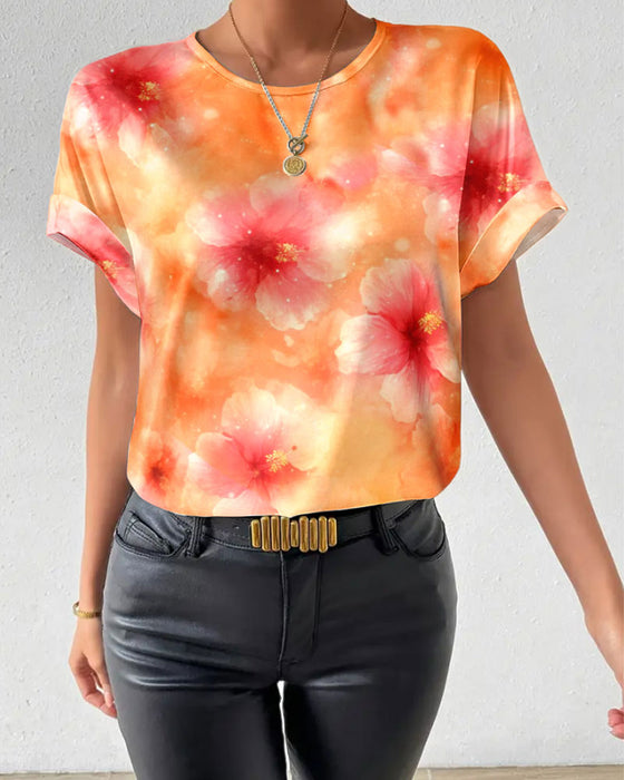 Round Neck Tie-Dye Big Flower T-Shirt
