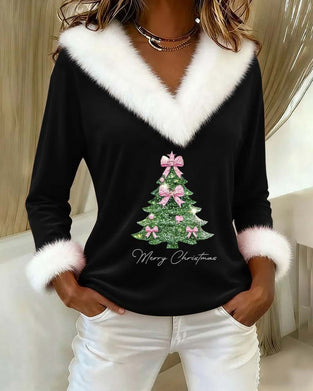 Large Fur Collar Christmas Print Top