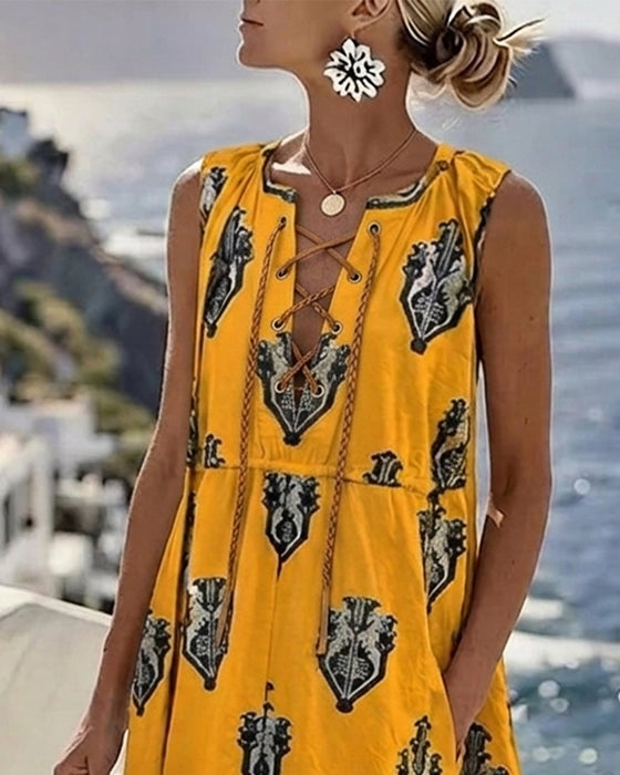 Ethnic Print Tie Sleeveless Long Dresses