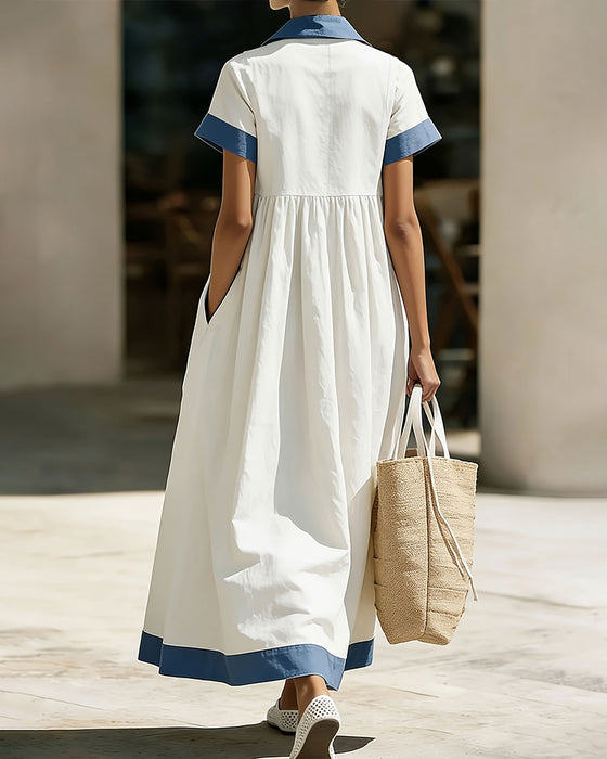 Shirt Collar Color Block Full Skirt Dress