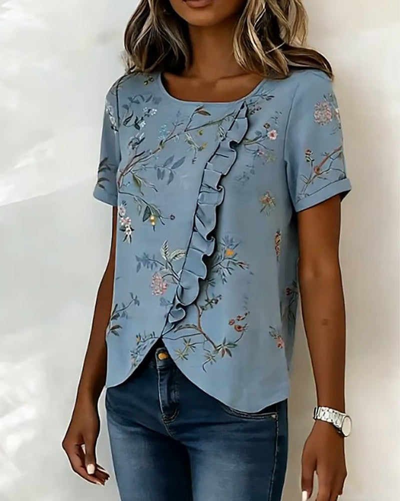 Crewneck Short Sleeve Ruffle Floral Blouse