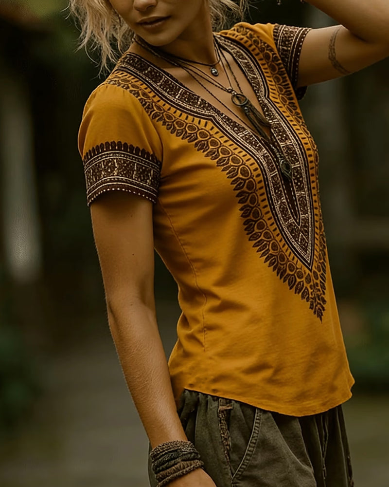 Ethnic V-Neck Short Sleeve T-Shirt