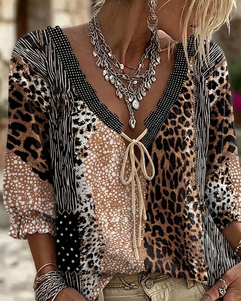 V-Neck Leopard Dot Bubble Sleeve Blouse