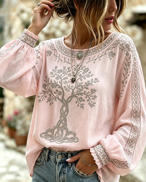 Crew Neck Tree Print Casual Blouse