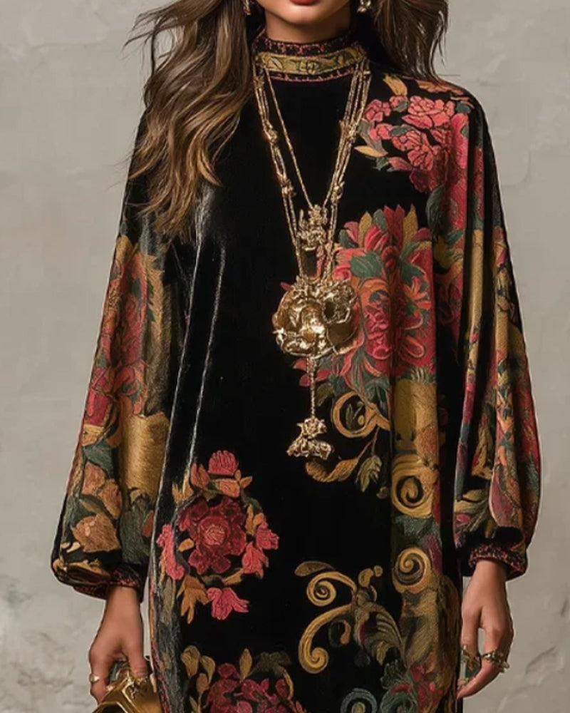 Mock-Neck Floral Velvet Long-Sleeve Maxi Dress