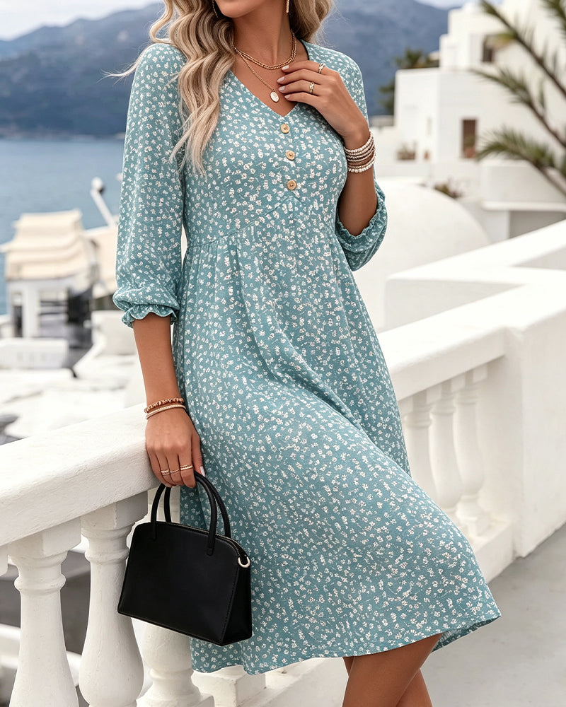 V-Neck Floral Puff Sleeve A-Line Dress