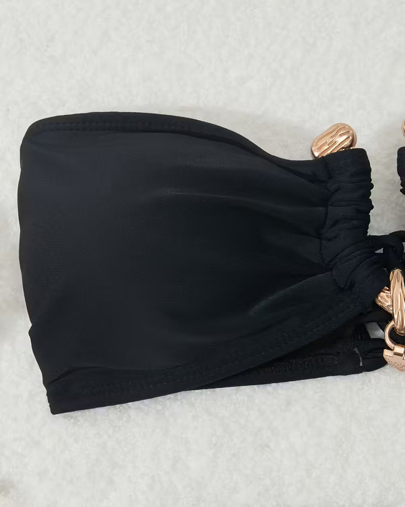 Solid Color Strapless Bikini Three-Piece Set