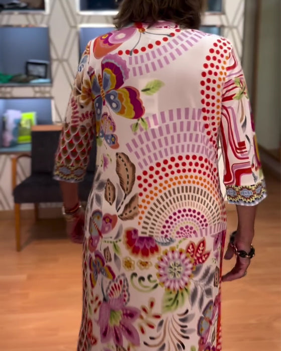 Ethnic Print V-Neck Elbow-Length Sleeve Dress