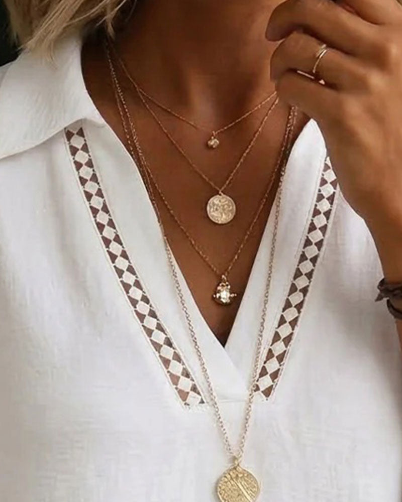 Solid Color Lapel Cutout Patchwork Blouse