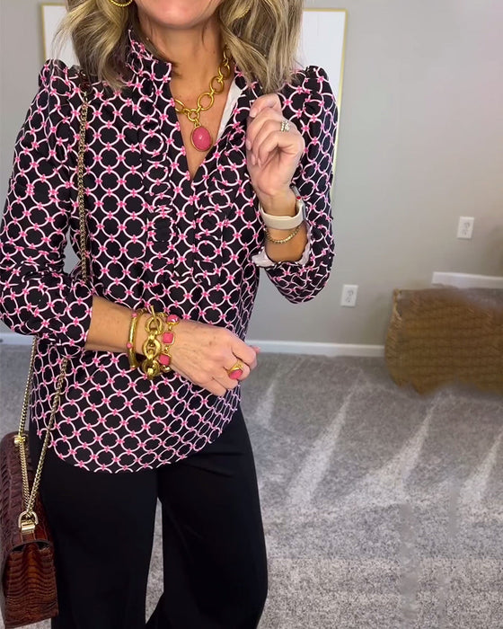 Geometric print stand collar slim fit fashion top