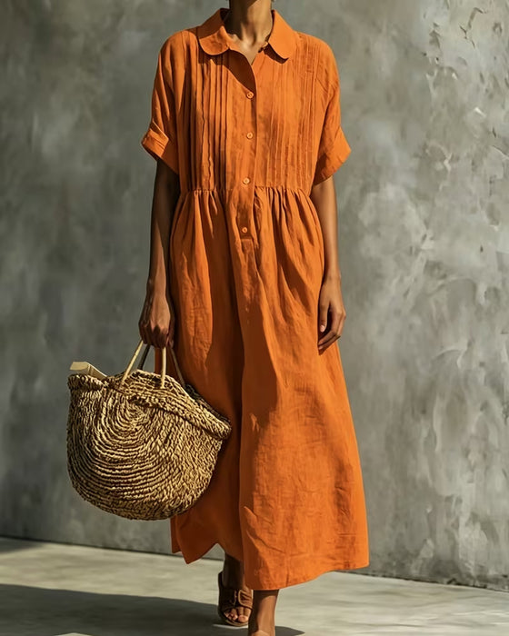 Peter Pan Collar Shirred Solid Dress