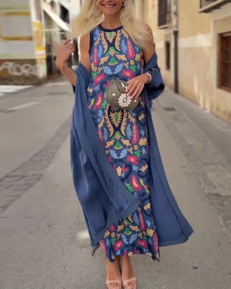 Sleeveless Long Dress With Long Cardigan Set