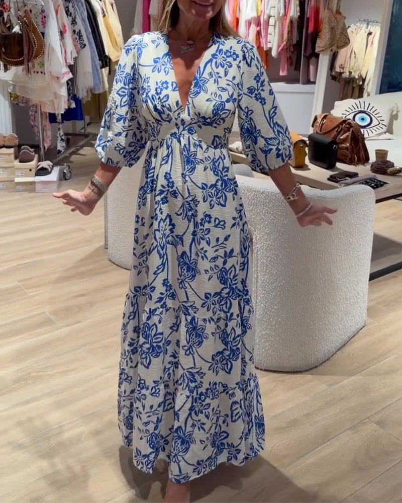 Deep V-Neck Elegant Floral Long Dress