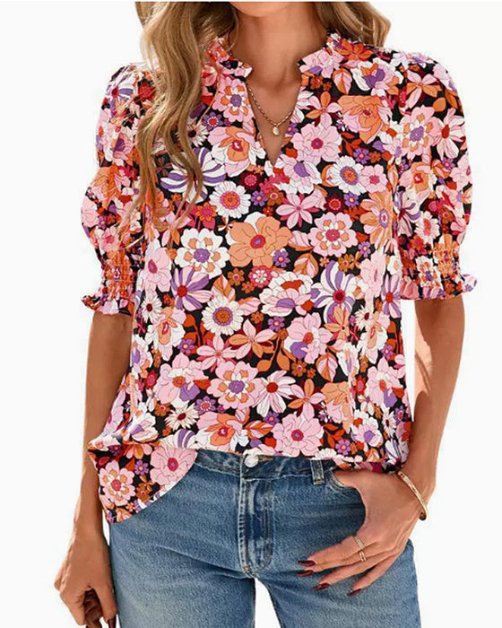 Floral Puff Short Sleeve Blouse