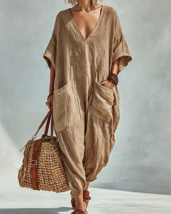 V-Neck Loose Drop Shoulder Jumpsuit