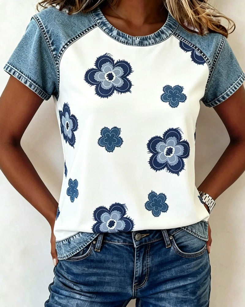 Denim Patchwork Floral Print Blouse