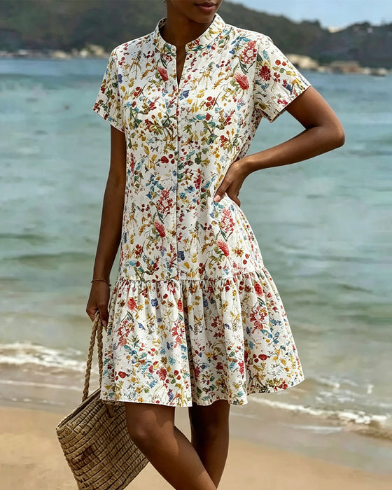 Floral Short-Sleeved Ruffle Hem Dress